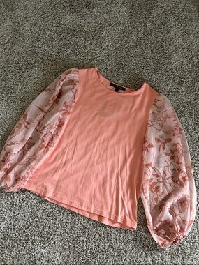 Marc New York Coral Pink Top with Sheer Floral Balloon Sleeves